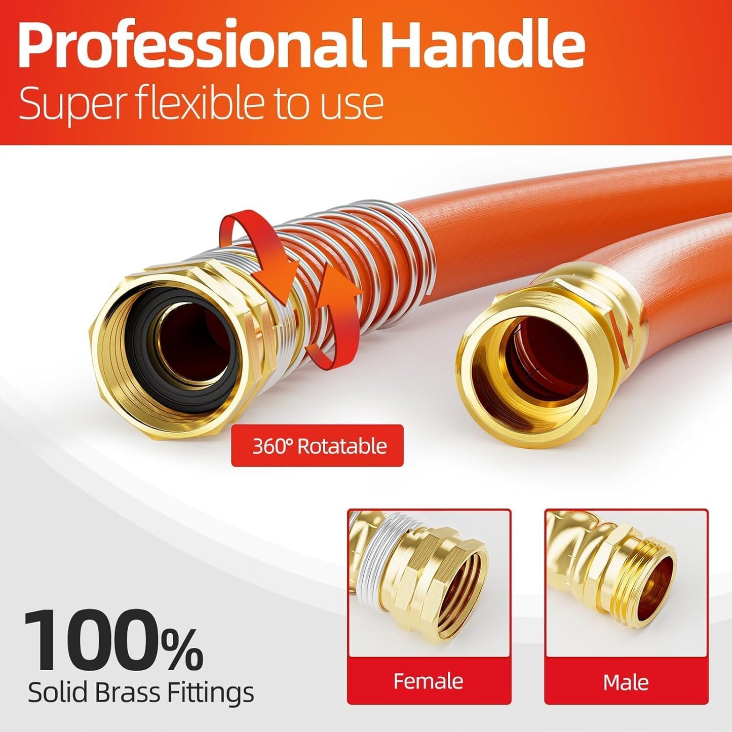 Garden Water Hose 150 ft x 3/4 in Heavy Duty, Flexible and Lightweight, Burst 600 psi, Kink-less Hybrid Rubber Pipe for Backyard, 3/4'' Brass Fittings, Orange