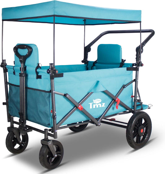 TMZ Collapsible Foldable Wagon Cart with Quick-Release Wheels and 2 Seats, Heavy Duty Wagon 265LBS Load Capacity for Camping Garden Shopping (Turquoise)