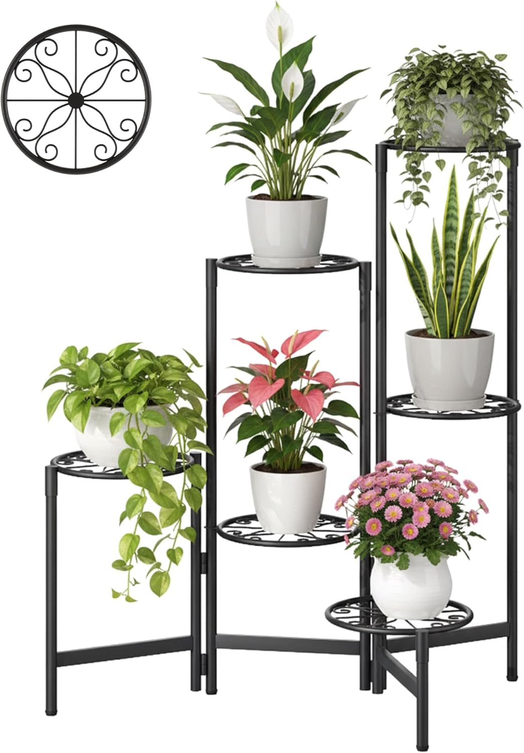 6 Tier Outdoor Plant Stands for Patio Metal Foldable Corner Tall Plant for Indoor Outdoor Shelf Living Room Balcony Garden Patio Black
