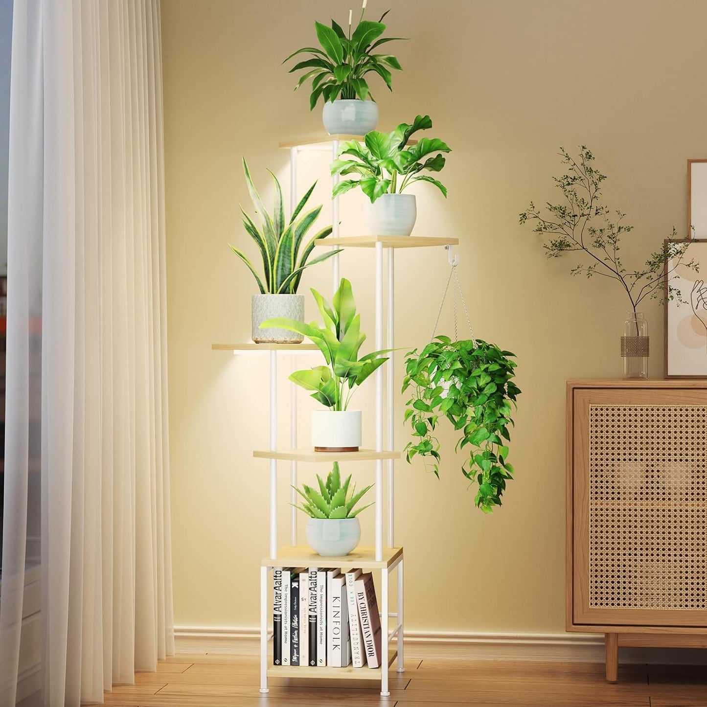 Plant Stand Indoor with Grow Light, 6-Tiered Tall Plant Stand Indoor, Metal Plant Shelf with Hanging Basket Hook and Adjustable Light, Ideal for Living Room, Garden, Patio, （Maple）