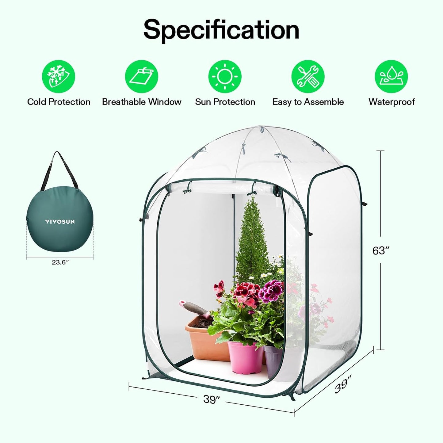 VIVOSUN 39x39x63-Inch Portable Walk-in Greenhouse, with PVC Cover & Detachable Base, Instant Pop-up and Folding, Mini Greenhouse with Roll-Up Door & Mesh Window for Indoor Outdoor, Wind Ropes Included