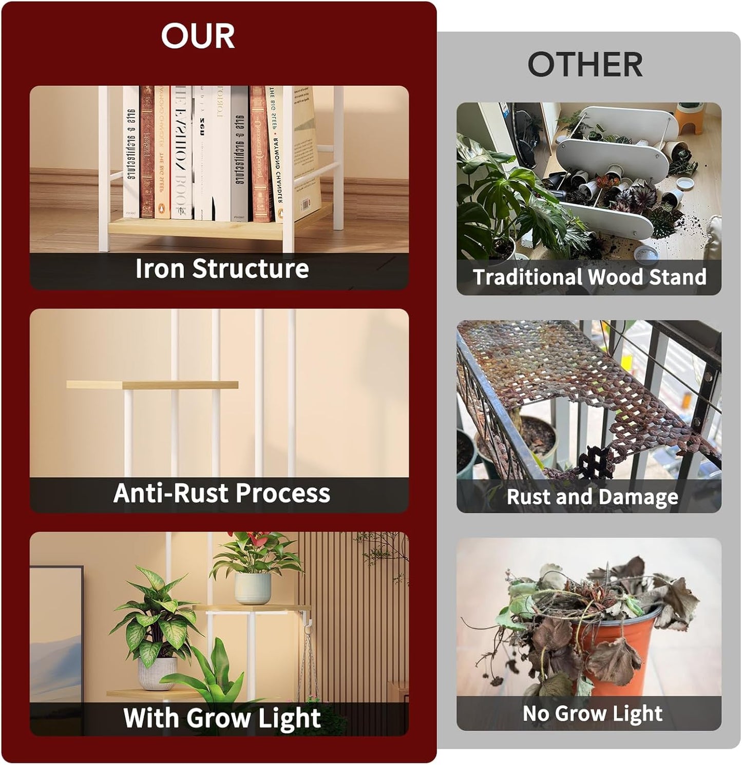 Plant Stand Indoor with Grow Light, 6-Tiered Tall Plant Stand Indoor, Metal Plant Shelf with Hanging Basket Hook and Adjustable Light, Ideal for Living Room, Garden, Patio, （Maple）