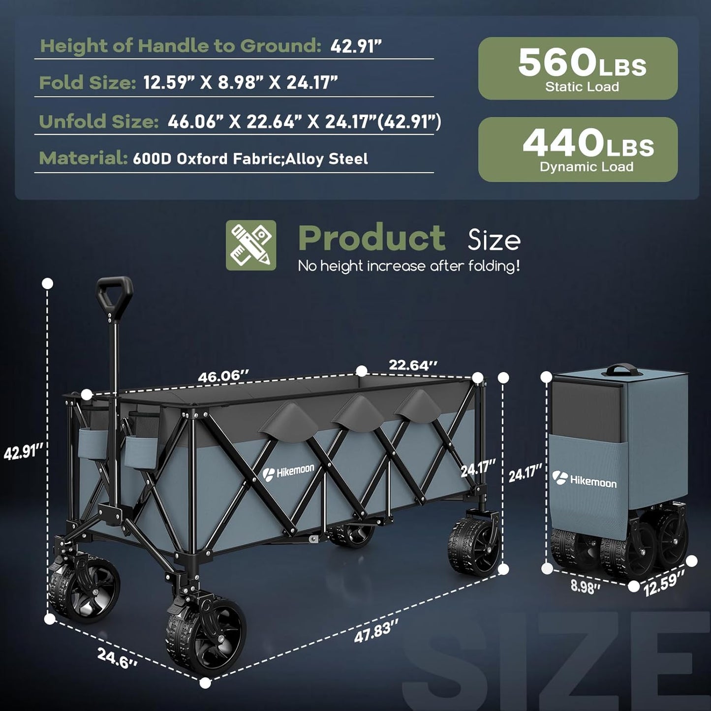 300L Extra Large Wagons Carts Foldable, 560LBS Heavy Duty Collapsible Beach Wagon 48" Long with Big All-Terrain Wheels, Utility Folding Cart for Camping, Grocery, Sports, Garden, Blue & Grey