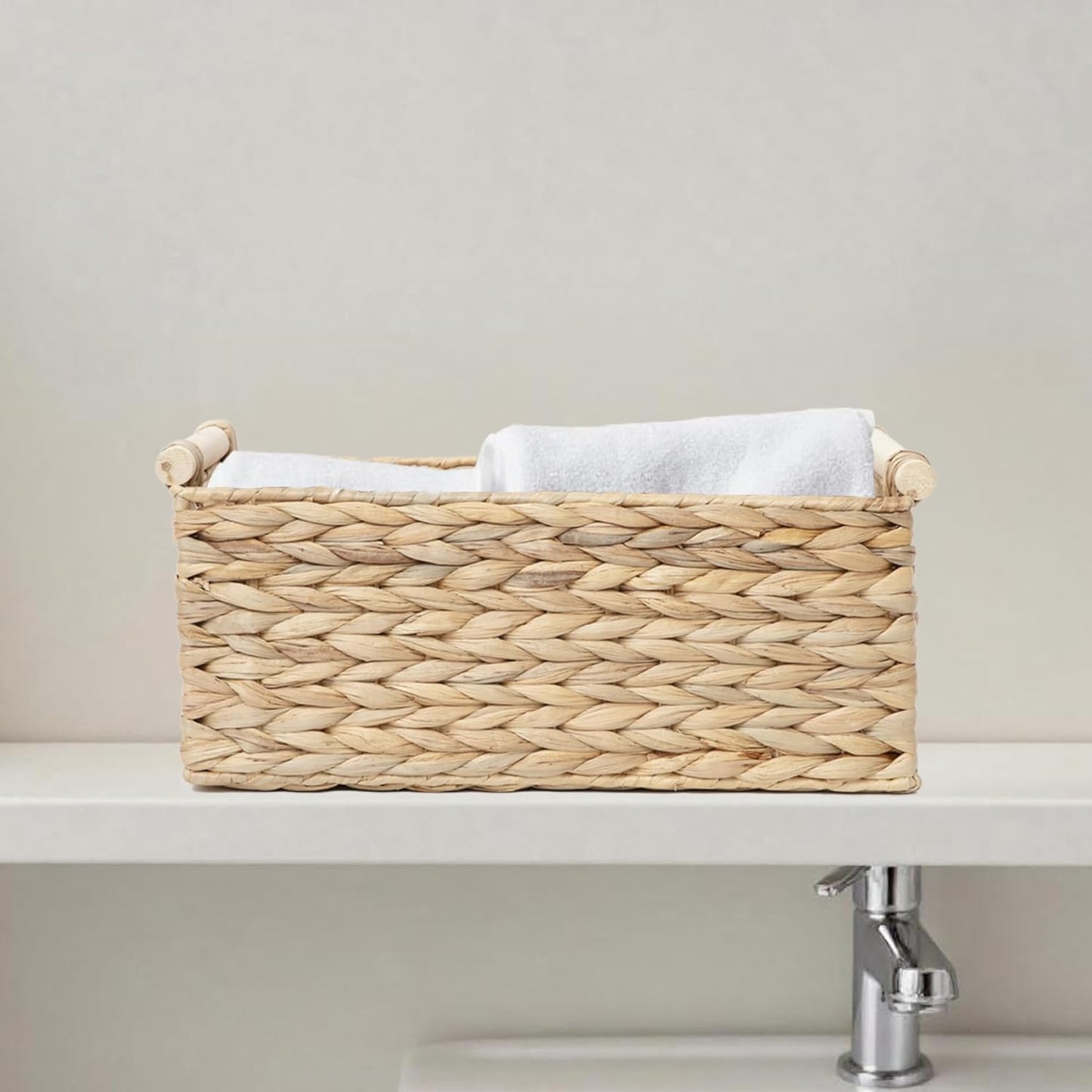 Handmade Water Hyacinth Woven Storage Baskets with Wooden Handles, Rectangle Rustic Organizer Set for Home Decor, Kitchen, Bedroom & Office (Large)