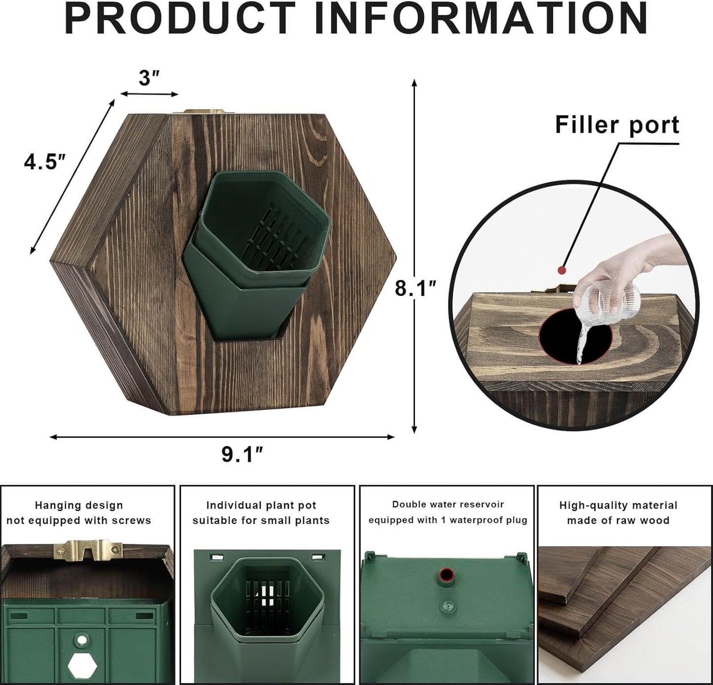Hexagonal Wooden Wall Planter, Self Watering Living Vertical Planter Indoor, Wooden Frame Planter Wall Decoration Home Office,2pc Walnut