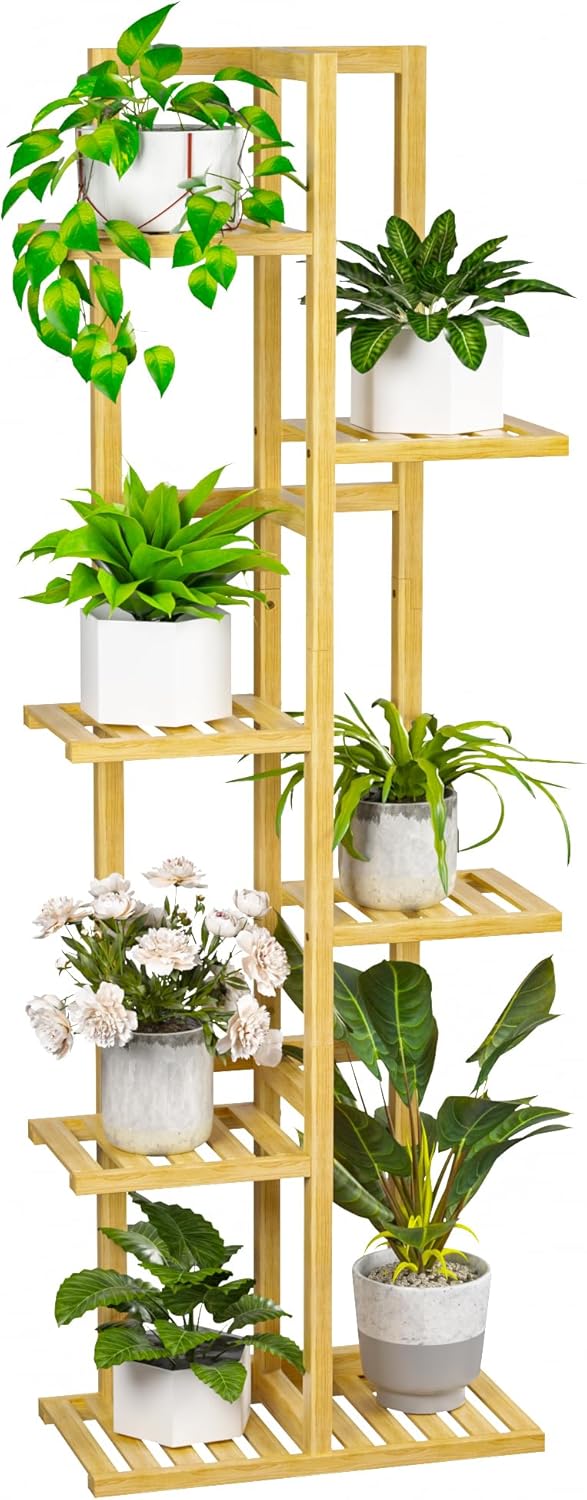 6 Tier Bamboo Plant Stand Indoor, Wood Tall Flower Holder Corner Tiered Plant Shelf for Multiple Plants (Natural)