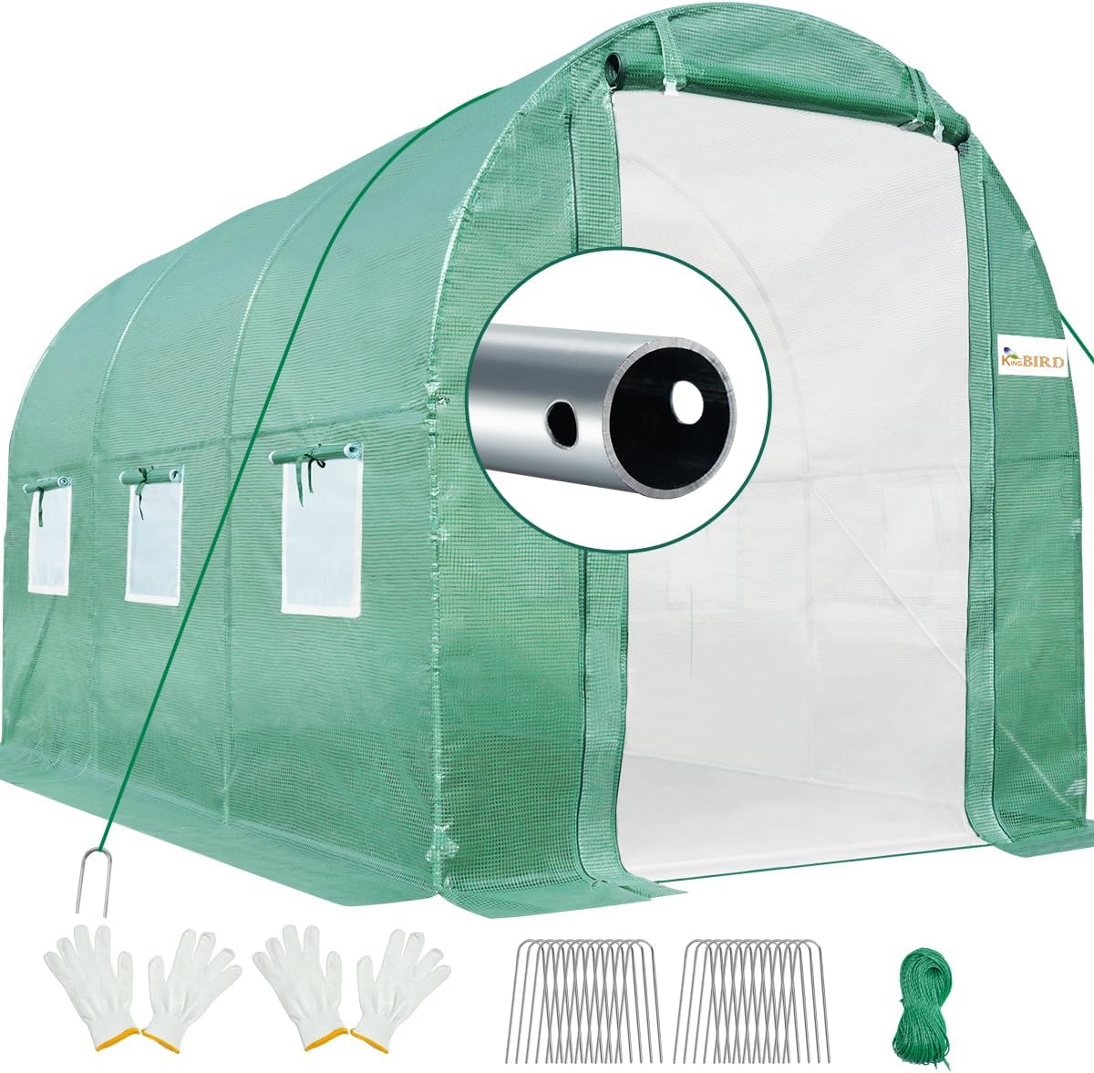 KING BIRD Premium 10x6.6x6.6FT Greenhouse for Outdoors, Large Walk-in Heavy Duty Galvanized Steel Frame, Mesh Door Screen Window Upgraded Zipper Tunnel Hoop for Garden Plant Winter, Green