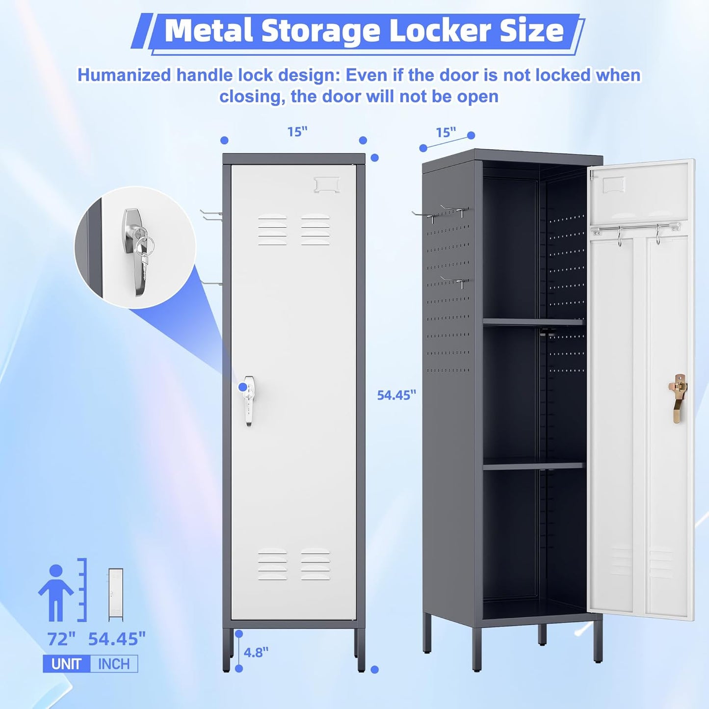 METAN Metal Storage Lockers with Handle Lock and 2 Adjustable Shelves,Office Storage Locker with Pegboards and Hooks,Assembly Required,Grey White