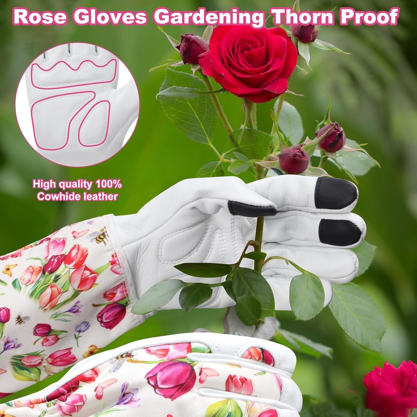DLY Gardening Gloves for Women, Rose Gloves Gardening Thorn Proof, Long Garden Gloves for Women, Breathable Cowhide Leather Gauntlet(X-Large,White)