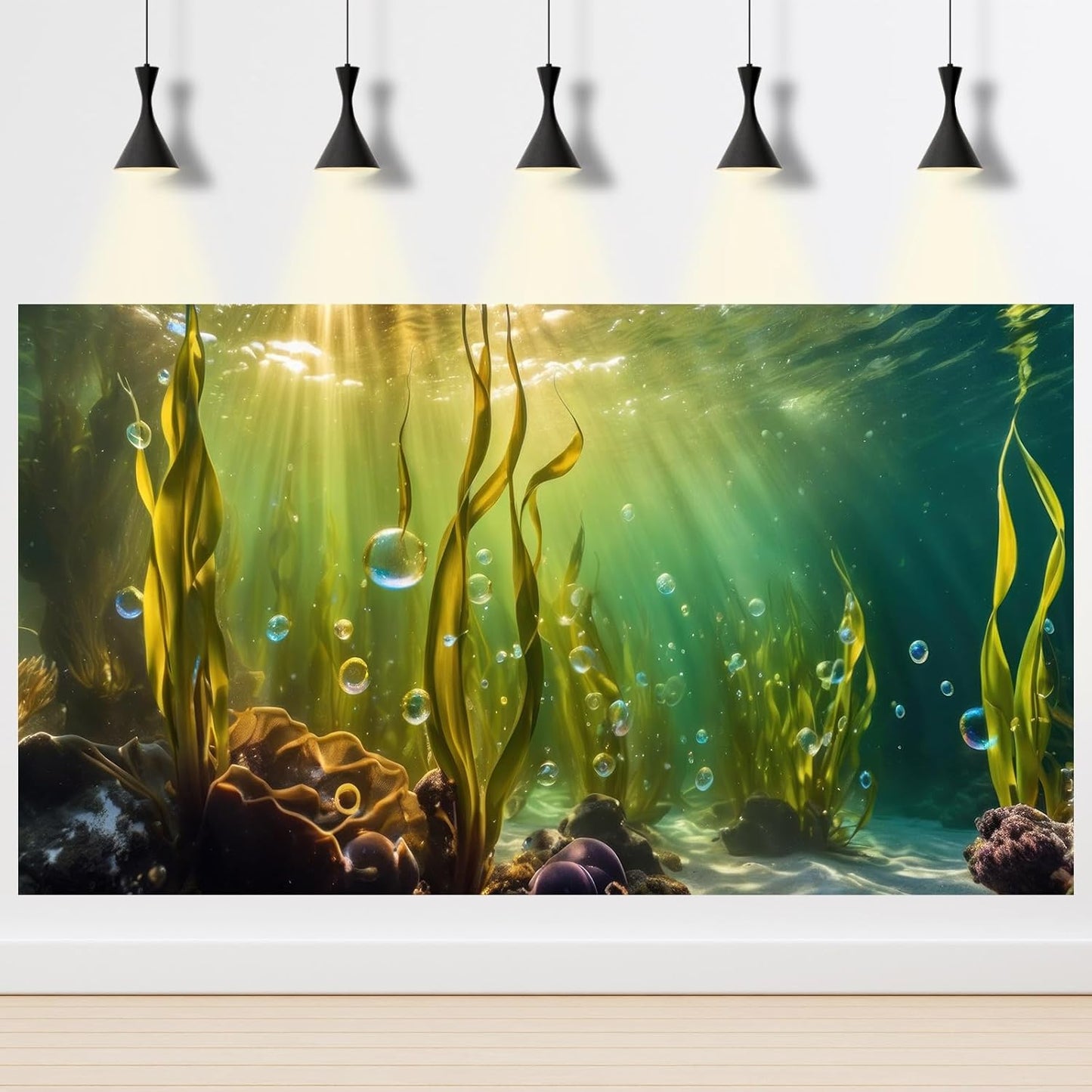 Aquarium Background Underwater Beautiful Coral Reef with Seaweed Bubbles Terrarium Backdrop Aquatic Plants Sunlight Rays Fish Tank Background Tank Aquarium Wallpaper Poster Decor Vinyl 30x12in