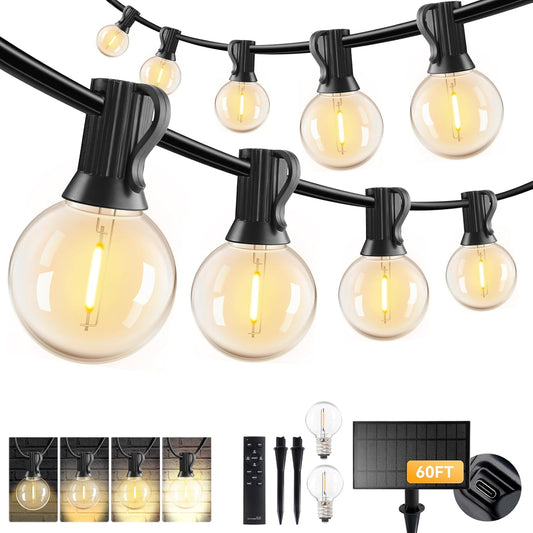 HJQ 60FT Solar String Lights Outdoor Waterproof, Patio Lights Solar Powered with Remote & USB Port, 20+1 LED Shatterproof Bulbs, 3 Light Modes, Dimmable Solar Hanging Lighting for Camping Yard Garden