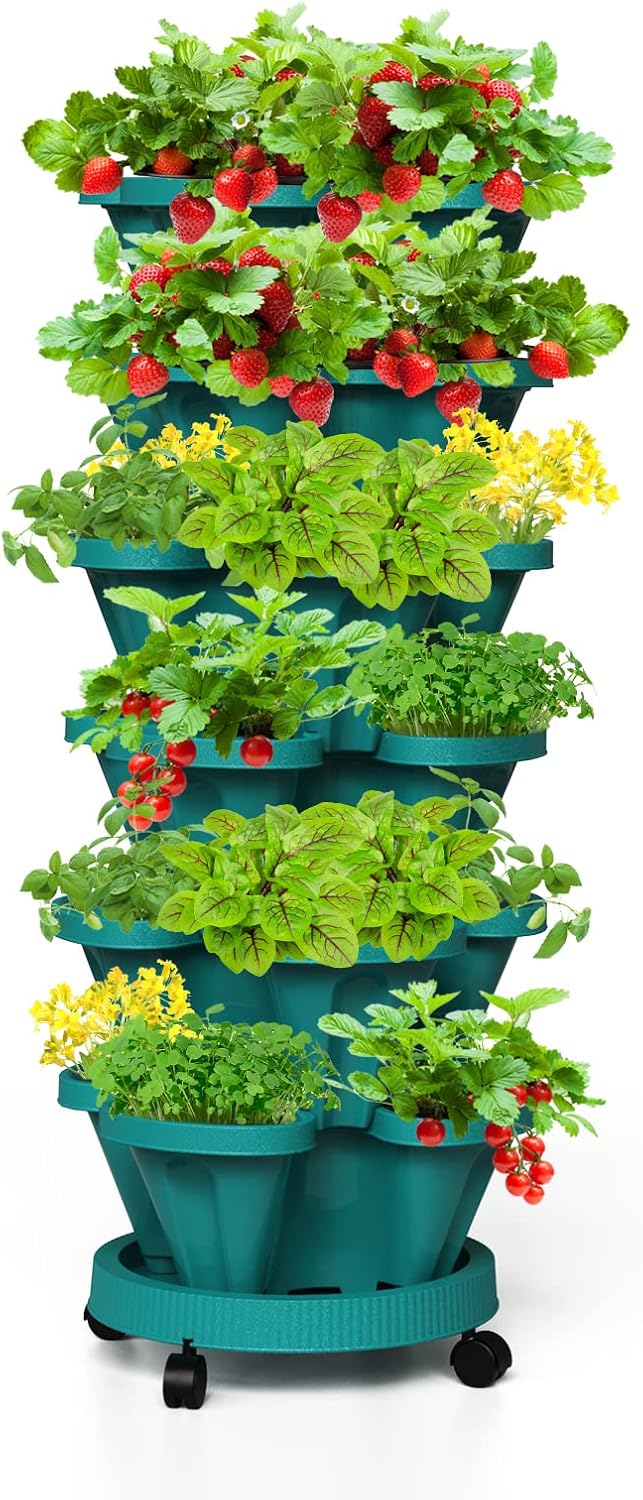 Strawberry Stackable Planters, Vertical Tower Garden, 6 Tiered Stacking Herb Vegetable Planters with Movable Casters and Bottom Saucer Indoor and Outdoor
