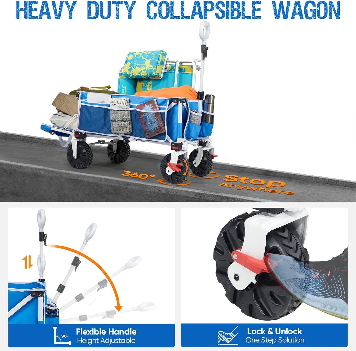 49" L Extra Long Beach Wagon with Tailgate,Big Wheels with Brake for Sand, Collapsible Utility Beach Cart Heavy Duty Folding Wagon,Ideal for Outdoor Sand Camping Garden Pet