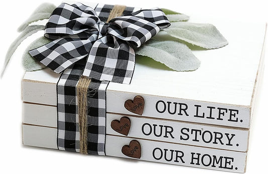 Our Life Our Story Our Home-Farmhouse Stacked Books, 3 Stacked Decorative Books, Rustic Wooden Signs for Home Decor-Housewarming Gifts