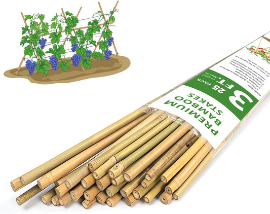 Plant Stakes,3FT Longer Sturdy Natural Bamboo Garden Stakes,GAGINANG 25Pcs Bamboo Sticks Trellis Support for Tomato, Vegetables Beans Trees Climbing Plants