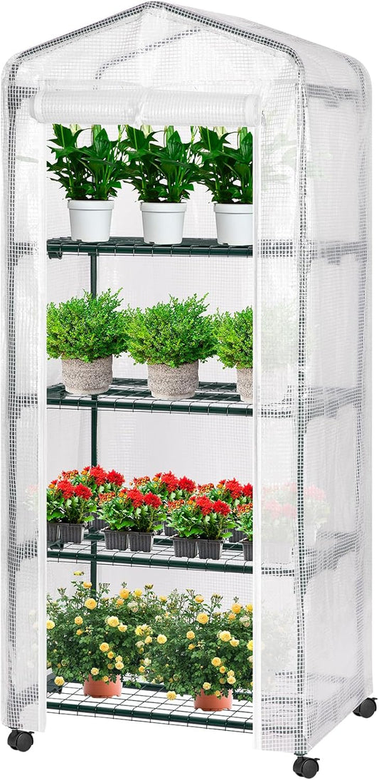 VIVOSUN Mini 4-Tier Greenhouse with Wheels, 27 x 19 x 63-Inch Reusable Portable Warm House with White PE Cover and Shelf for Compact Garden and Small Backyards, with Wheels