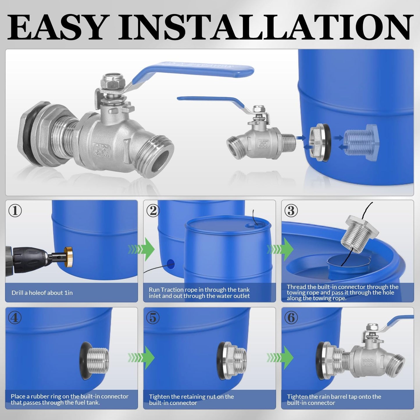 Rain Barrel Spigot Kit High Flow Water Barrel Faucet 1/2"NPT to 3/4"GHT 304 Lead-Free Compliant Stainless Steel Faucet for Rain Barrels,Rain Barrel Quarter Turn Spigot with Bulkhead Fitting
