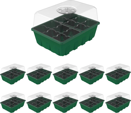 Gardzen 10-Set Garden Propagator Set, Clear Seed Tray Kits with 120-Cell, Seed Starter Trays with Dome and Green Base 6.6" x 4.5" (12-Cell Per Tray)