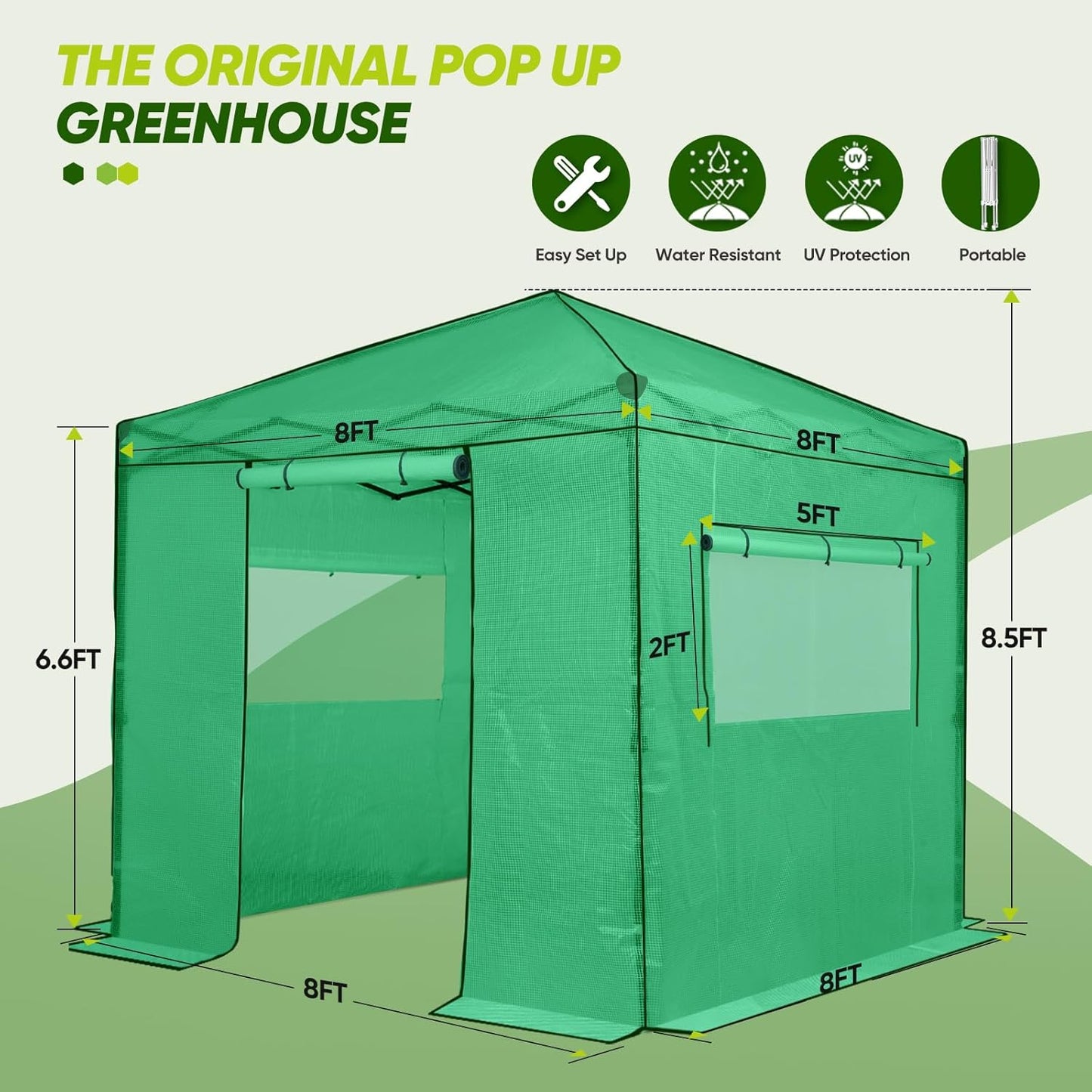 EAGLE PEAK Instant Pop-up Greenhouse, Indoor Outdoor Plant Gardening Green House, Roll-Up Zipper Doors and Side Windows, Walk in 8x8 ft, PE Cover, Green/Clear