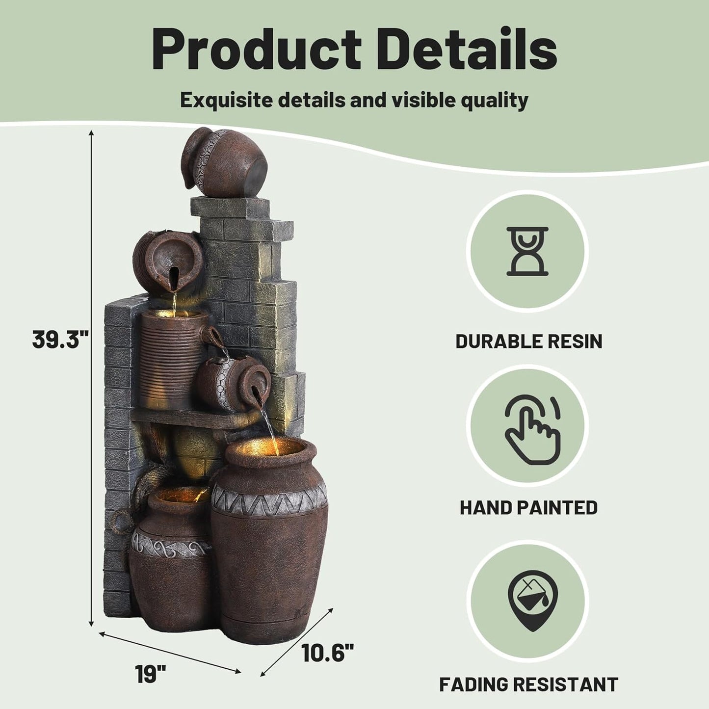 6-Tiers Garden Waterfall Fountain Outdoor - 40''H Water Fountains and Waterfalls, Large Outdoor/Indoor Floor Standing Resin Water Fountain with LED Light for Patio, Garden and Home (Grey)