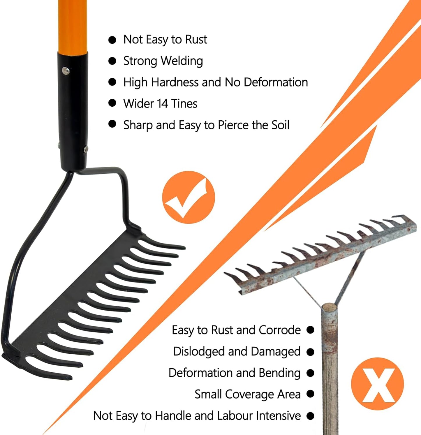 Garden Rake - 14 Tine Heavy Duty Rake with 58 Inch Fiberglass Handle