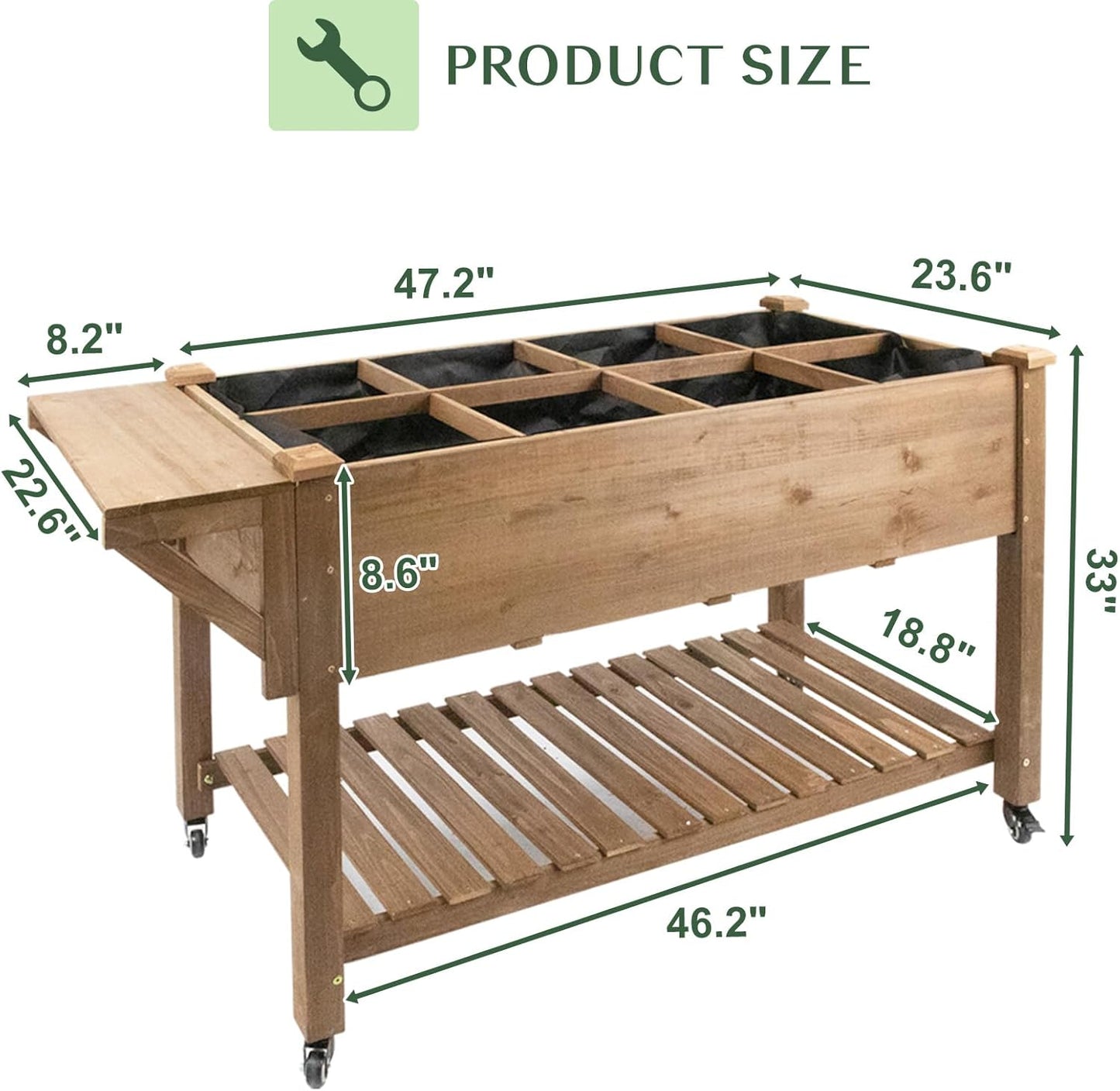 Raised Garden Bed Outdoor with Lockable Wheels, 55"x 24" x 33" Elevated Wood Planter Box for Backyard Balcony Patio , Garden Flower Beds with Drainage Holes & Storage Shelf, Gift for Gardening, Brown