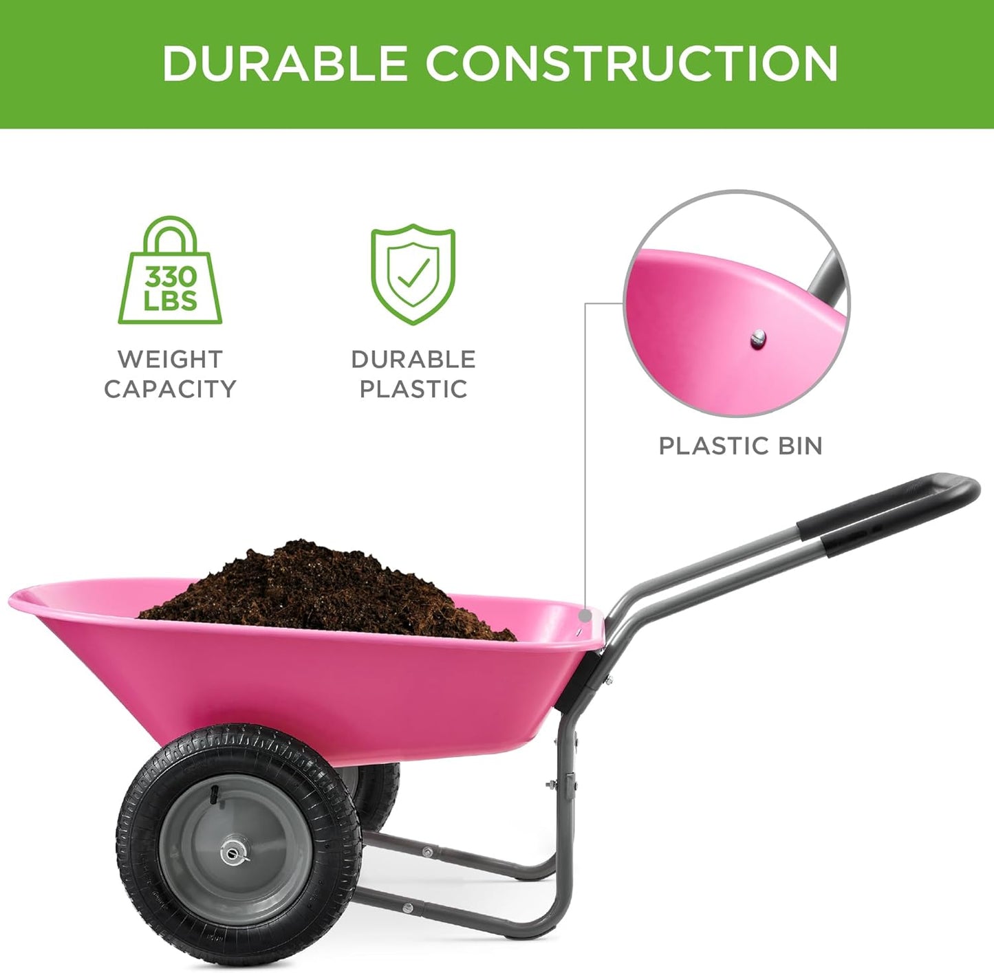Best Choice Products Dual-Wheel Home Utility Yard Wheelbarrow Garden Cart w/Built-in Stand for Lawn, Gardening, Construction - Pink