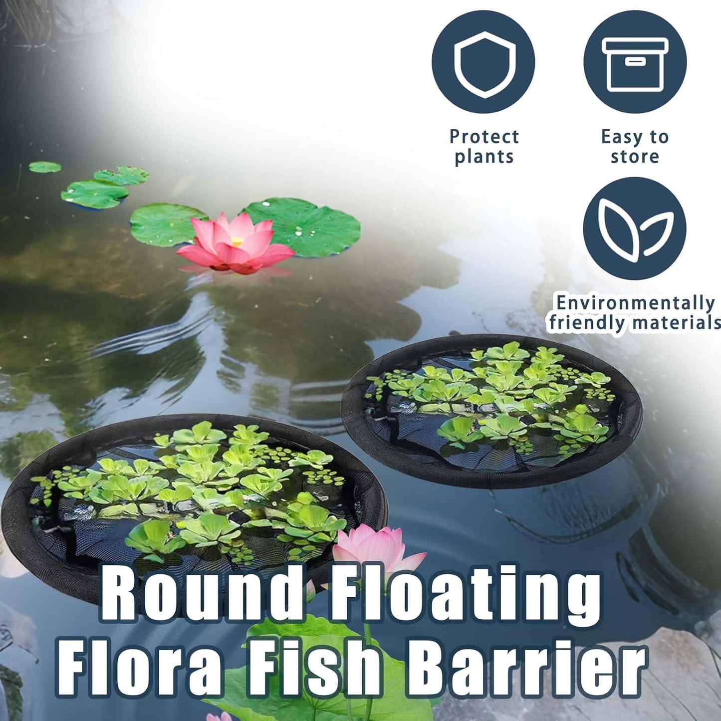 2Pack Round Floating Flora Fish Barrier-23.6Inch Black Pond Plant Protector, Floating Island/Planter Pond,UV Resistant Net to Shield Floating Plant(Lotus/Water Lilies)from Koi, with Waterproof Gloves