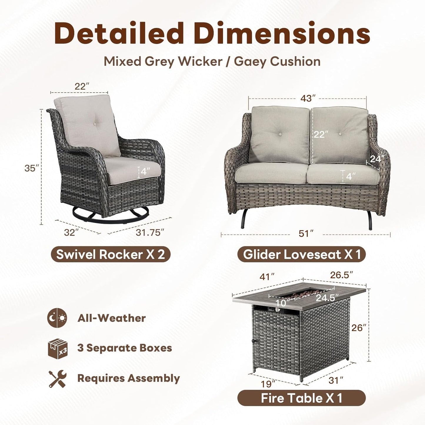 4 Piece Patio Furniture Set with Fire Pit Table - 41inch 50000 BTU Propane Fire Pit Table with High Back Loveseat Glider Chair and 2 Swivel Rocker Chair for Casual Gathering