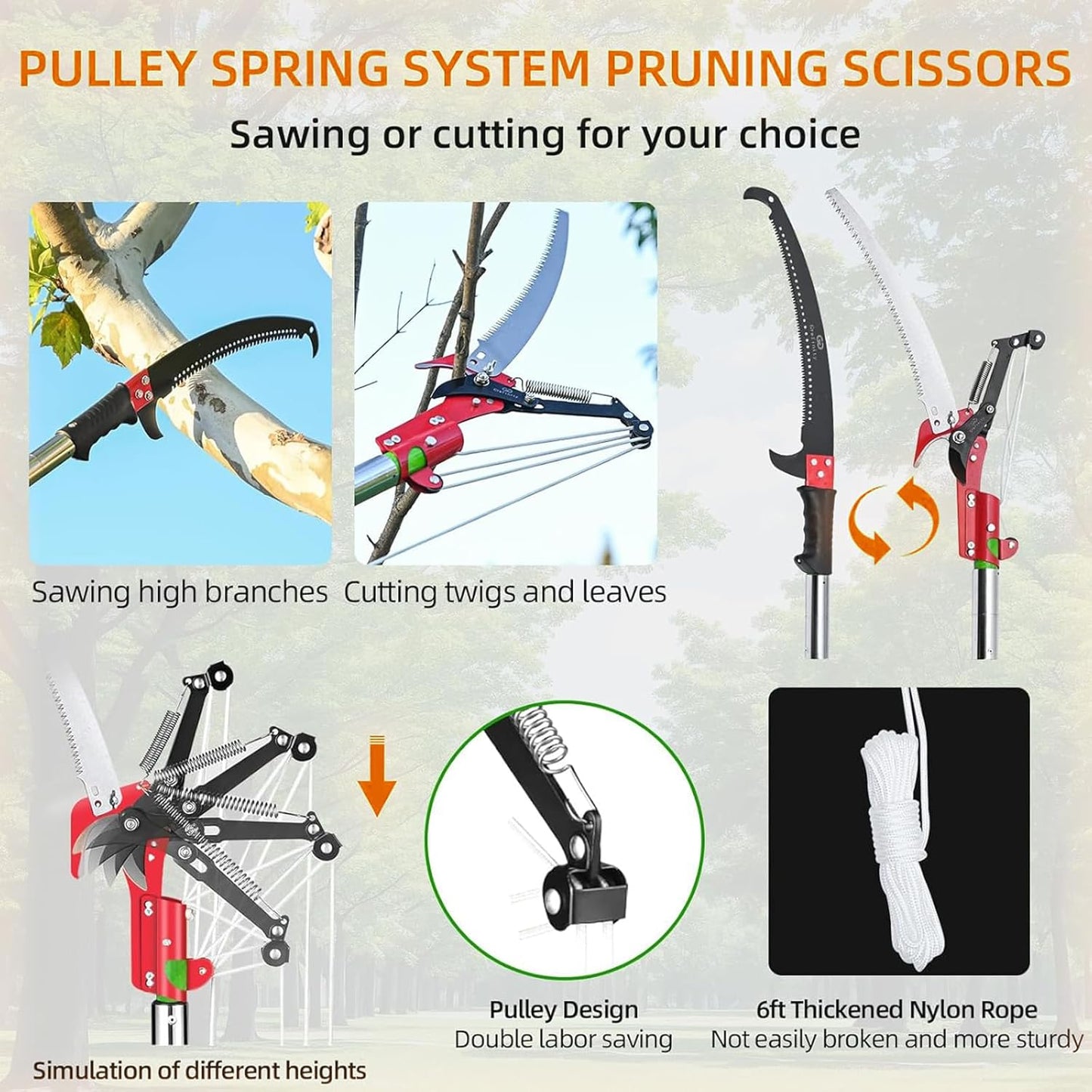 27FT Manual Pole Saw, Tree Branch Trimmer with 8-Section Fiberglass Handle, Sharp Steel Blade and Scissors, Lightweight Extendable Design for High Branch Trimming,Orange