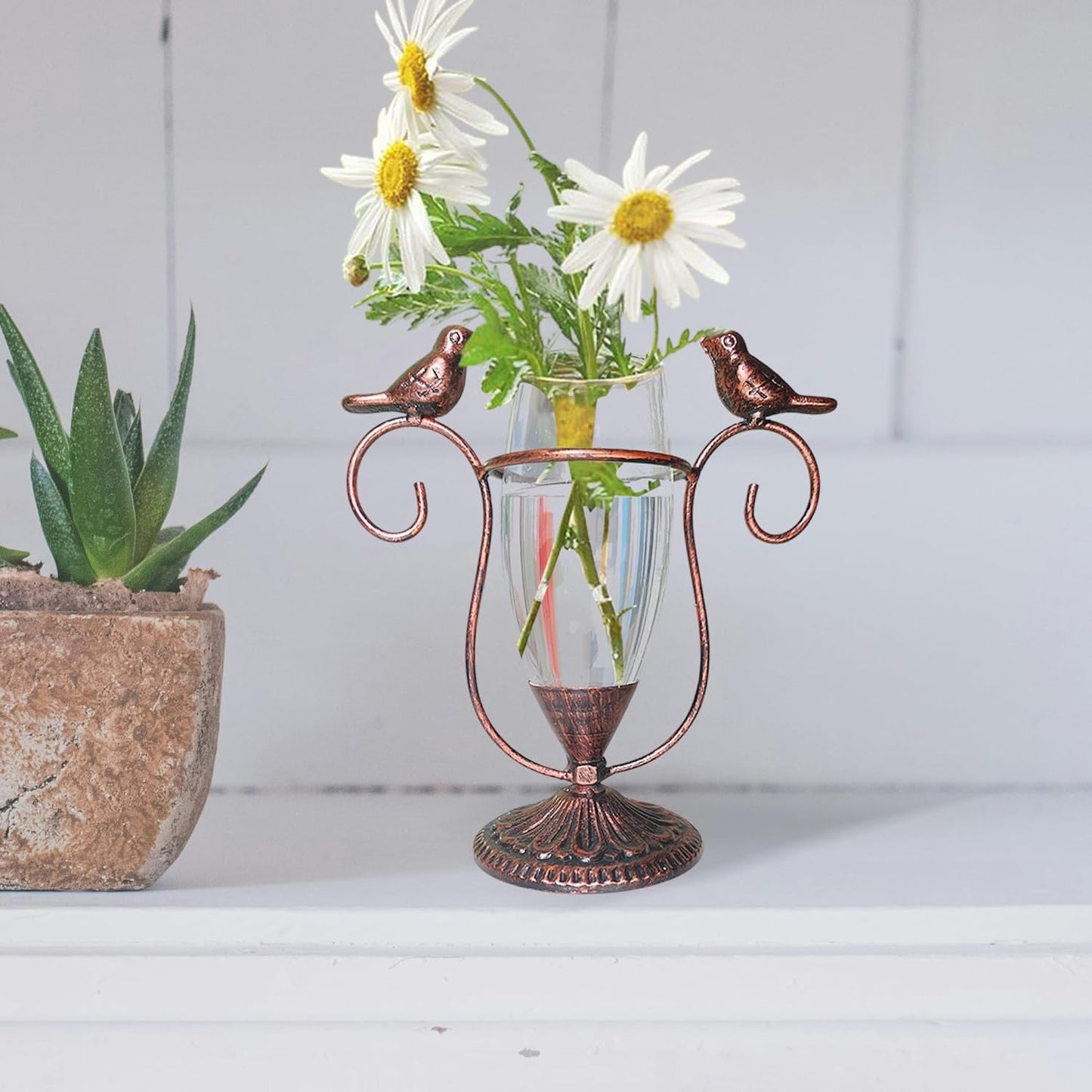 POXOH Vintage Glass Planter - Metal & Glass Propagation Vase with Dual Birds Art, Retro Indoor Planter for Hydroponic Plants, Office Desk Decor, Living Room Centerpiece