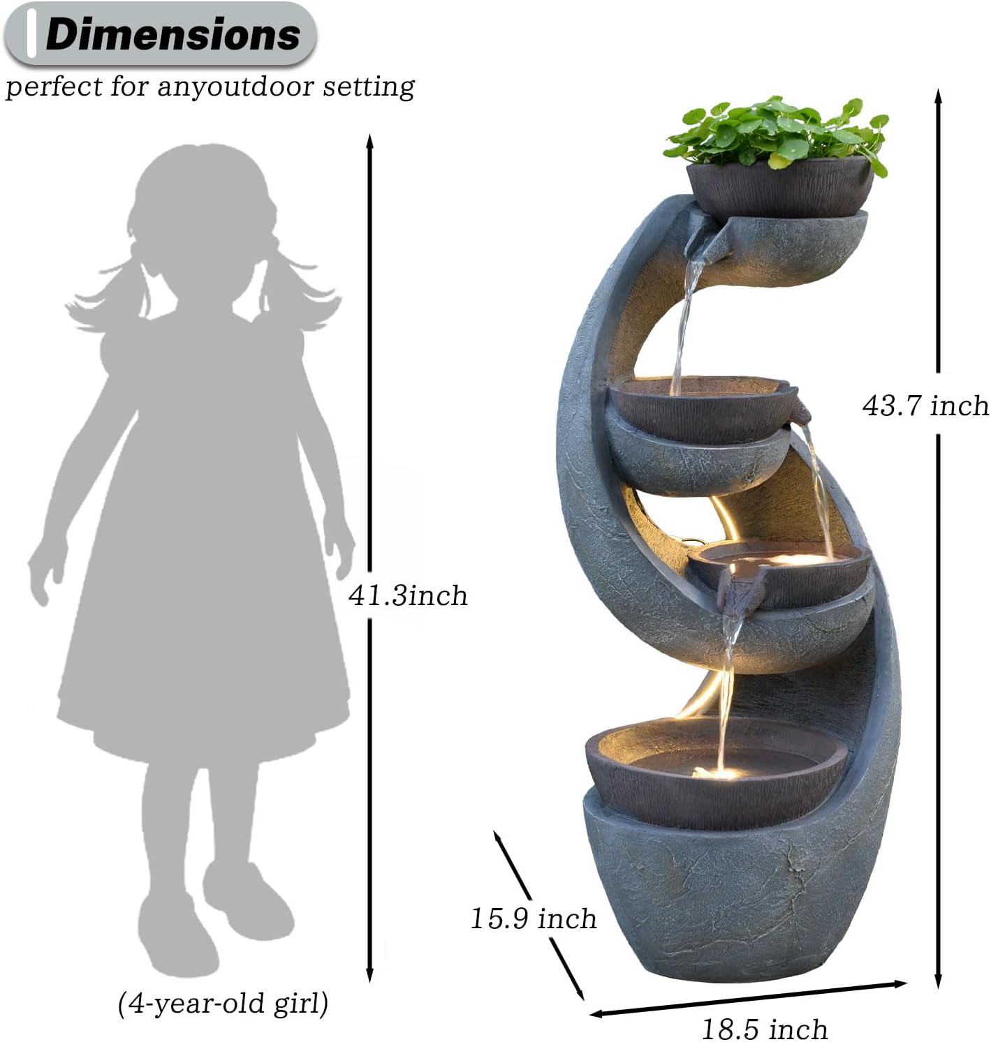 Outdoor Waterfall Fountain with LED Lights and Pump for Garden, Patio, Yard - 43.7 Inch UV-Resistant Freestanding Water Feature