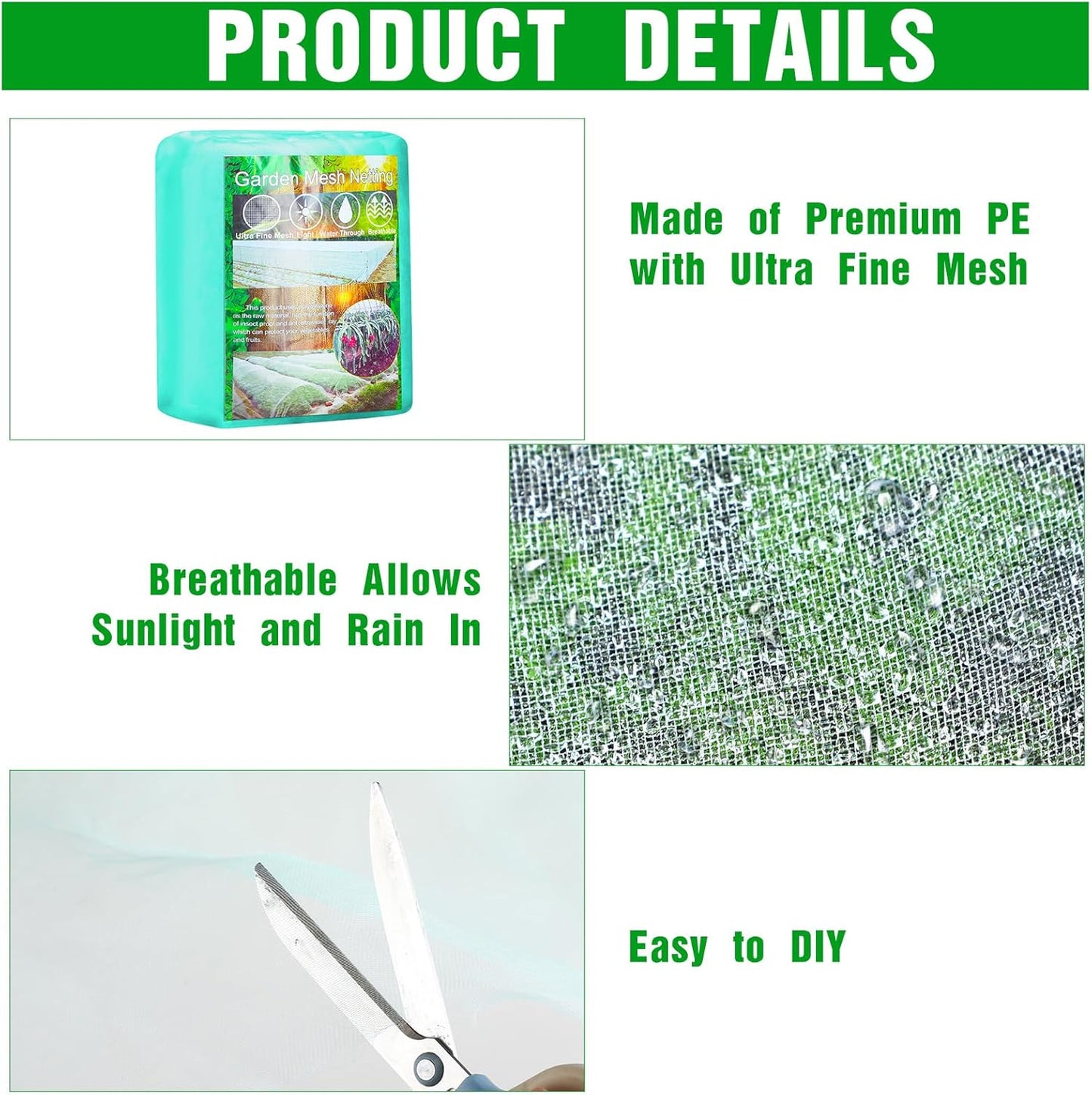 Woanger 10 x 100 ft Garden Mesh Netting Ultra Fine Plant Covers Garden Netting to Protect Vegetable Plants Fruits Flowers Crops Greenhouse Row Cover Patio Barrier Screen Protection Net (Green)