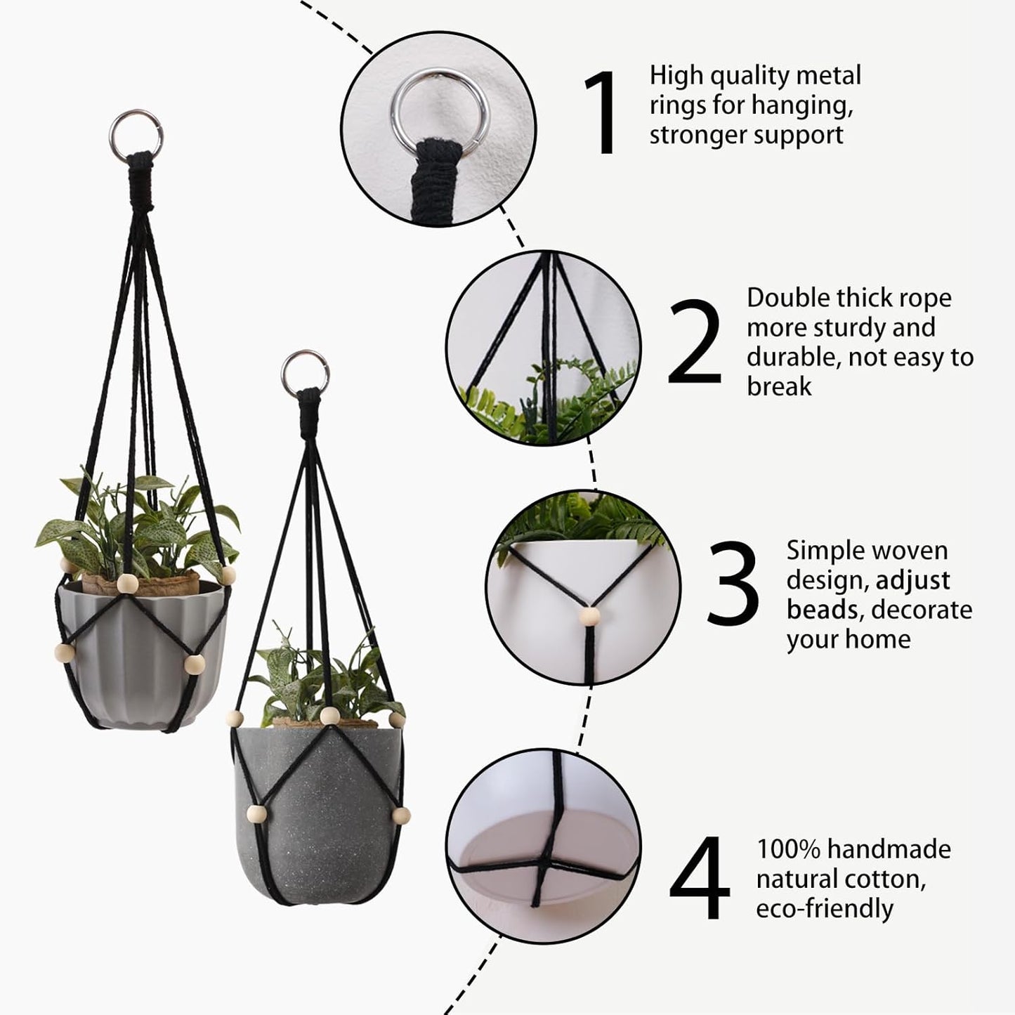 Artilady Black Hanging Planter for Indoor Plants Macrame Plant Hanger Large Hanging Plant Holder Basket with Adjustable Beads Outdoor Window Boho Plant Wall Decor