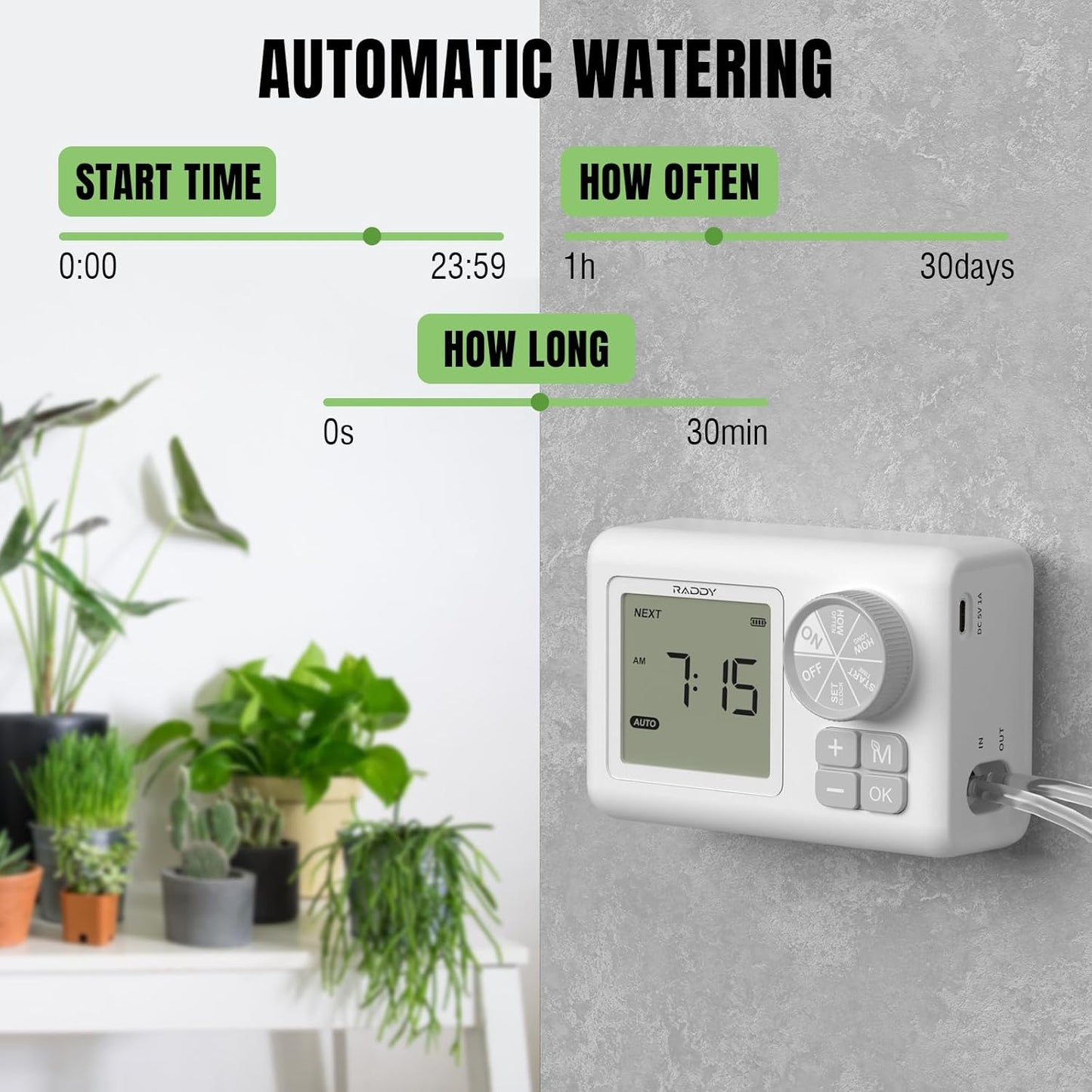 Raddy WS-6 Automatic Plant Waterer, Indoor Plant Watering System for 15 Potted Plants, Programmable Water Timer with LCD Display, USB Power, Water Shortage Alarm for Balcony Greenhouse