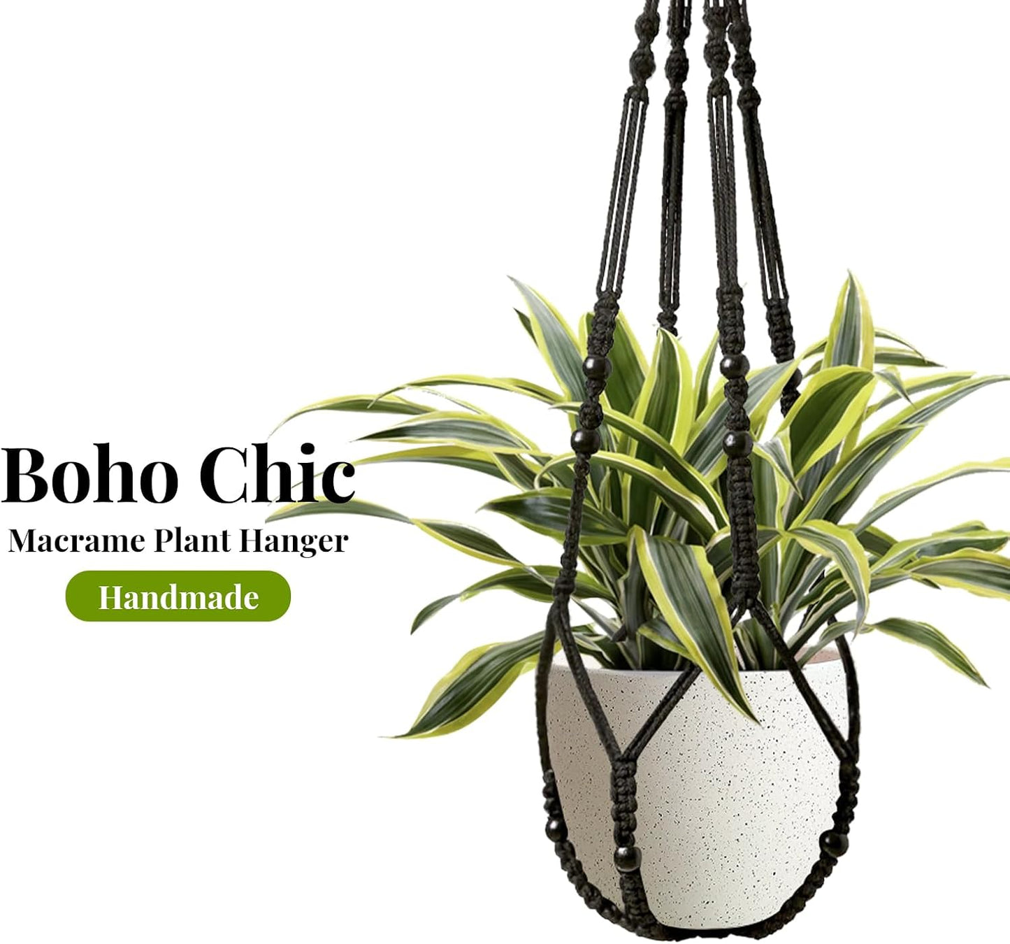 Macrame Plant Hanger Indoor Set of 2 with 4 Hooks, Indoor Outdoor Hanging Planter for Plants Holder with Decorative Wood Beads & No Tassels, Boho Home Decor, 35 Inch Black (Pots Not Included)