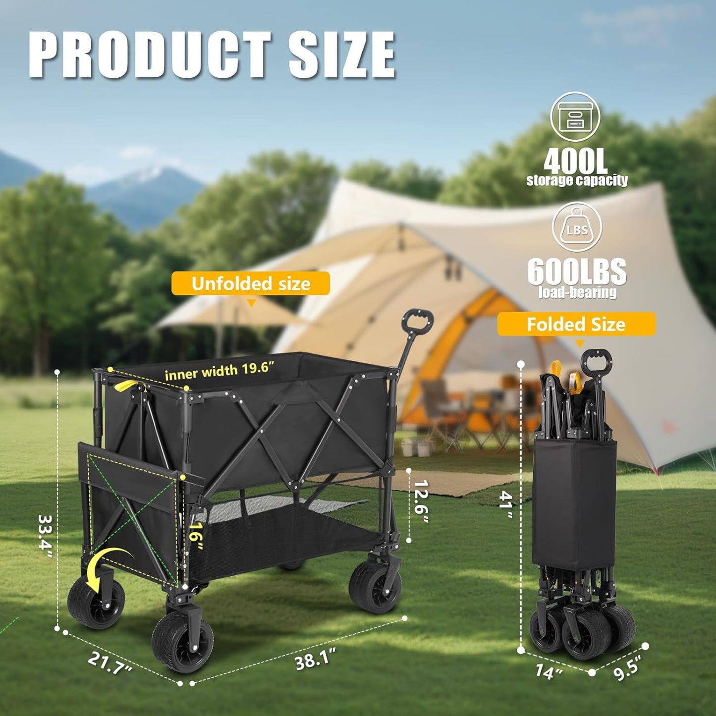 Double Decker Wagon Heavy Duty Collapsible, 600LBS 400L Capacity Foldable Utility Cart with Big Wheels for Beach, Outdoor, Camping & Gardening, Durable Steel Frame