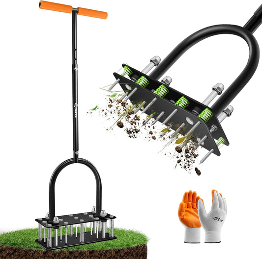 Saker Lawn Aerator Tool, Lawn Aerator with 15 Iron Spikes, Automatic Leaf and Dirt Cleaning with Spring-Loaded Design, Metal Manual Aerator for Loosening Soil Aerating Patio, Yard, Garden Orange