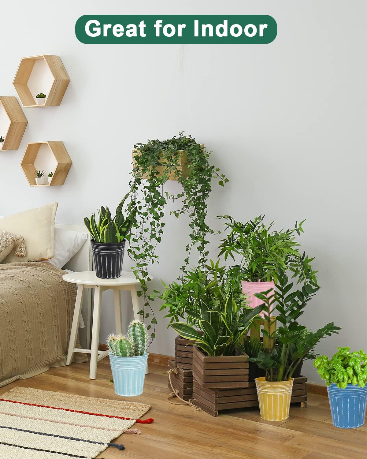 vensovo 6 Inch Steel Blue Metal Rustic Flower Pots - 6Pcs Galvanized Planters with Drainage Hole and Rubber Plug, Rustproof Metal Bucket Plant Pots Farmhouse Vintage Style for Decor