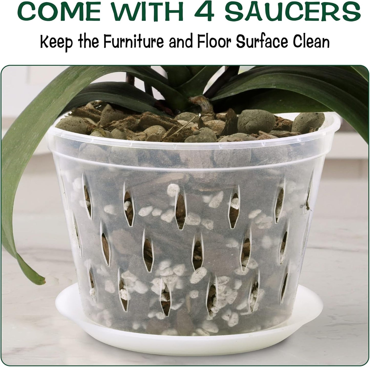 Orchid Pot, 8 Inch 4 Pack Orchid Pots with Holes and Saucers, Clear Plastic Orchid Pots