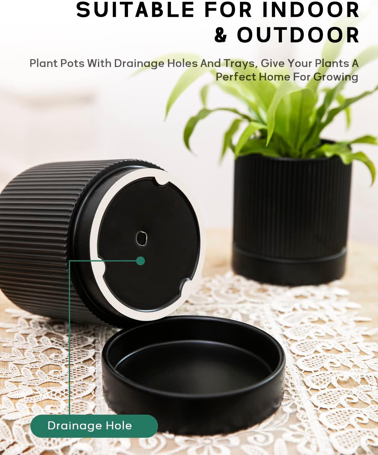 LaDoVita 3 Pack Ceramic Plant Pots 6/5/4 inch, Flowerpot for Indoor Plants with Drainage Holes and Tray, Outdoor Garden Planters, Modern Decorative for Home, Black Vertical Stripes