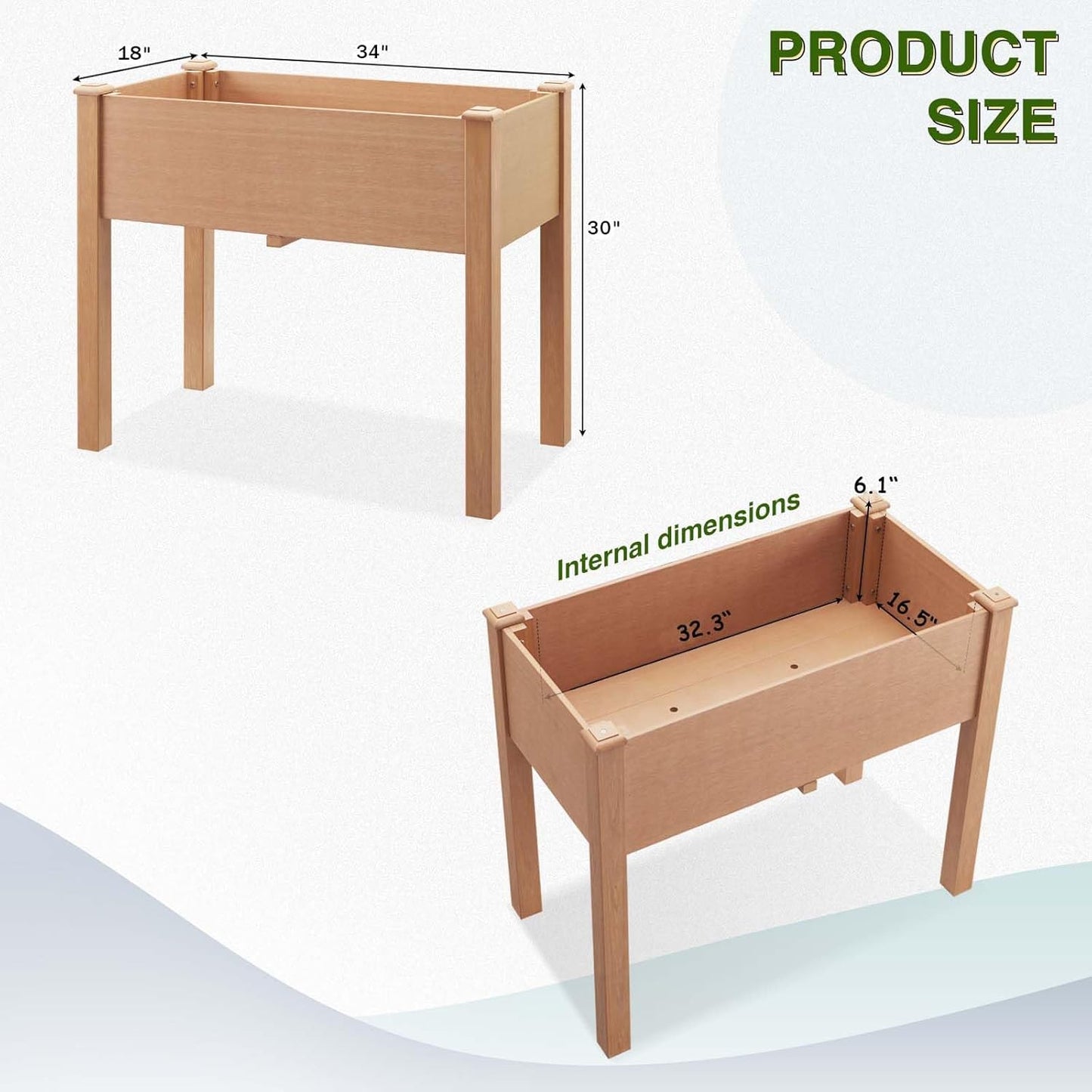 Psilvam Raised Garden Bed with Legs, Poly Lumber Raised Planter Box, Outdoor Elevated Garden Bed Suit for Backyard, Patio, Balcony 34" D x 18" W x 30" H（Teak Color）