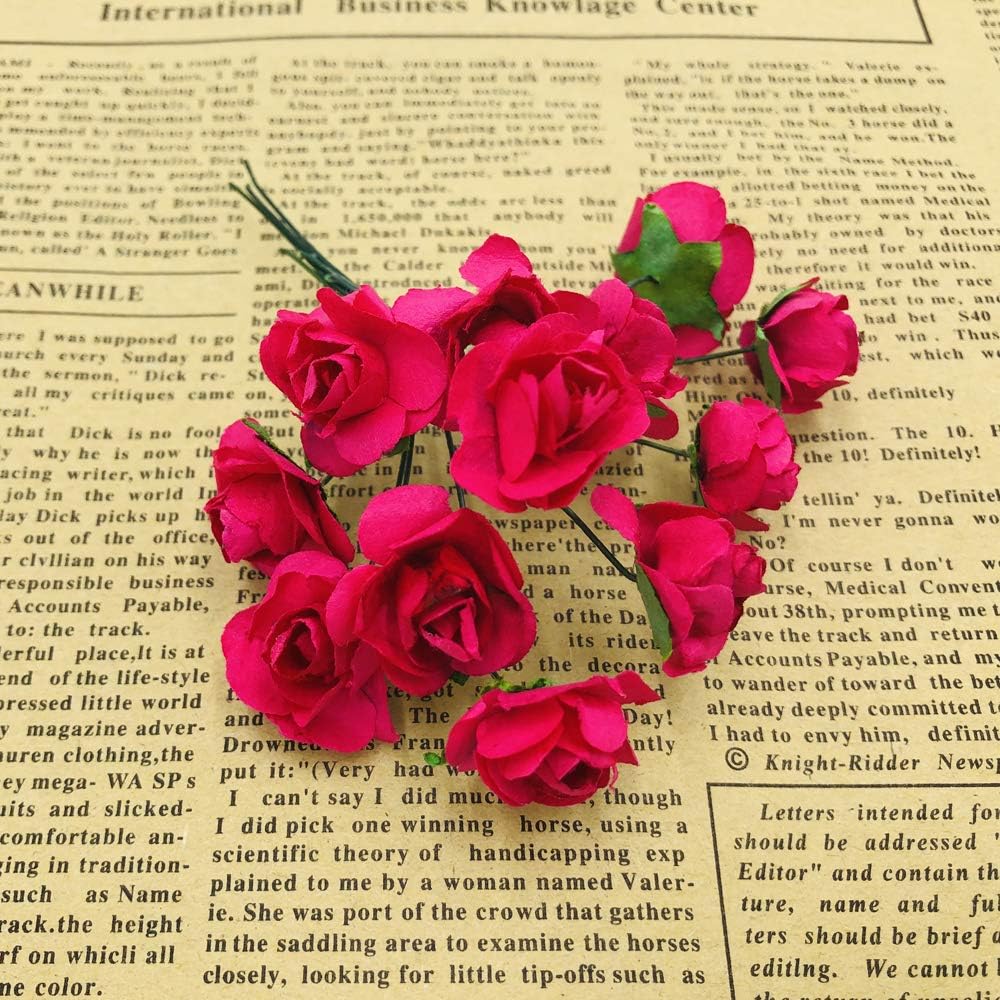 Mini Fake Rose Flower Heads 144pcs Mini Artificial Mulberry Paper Roses Flower with Wire Stem DIY Wedding Flowers Accessories Make Bridal Hair Clips Headbands Dress (Hot Pink)
