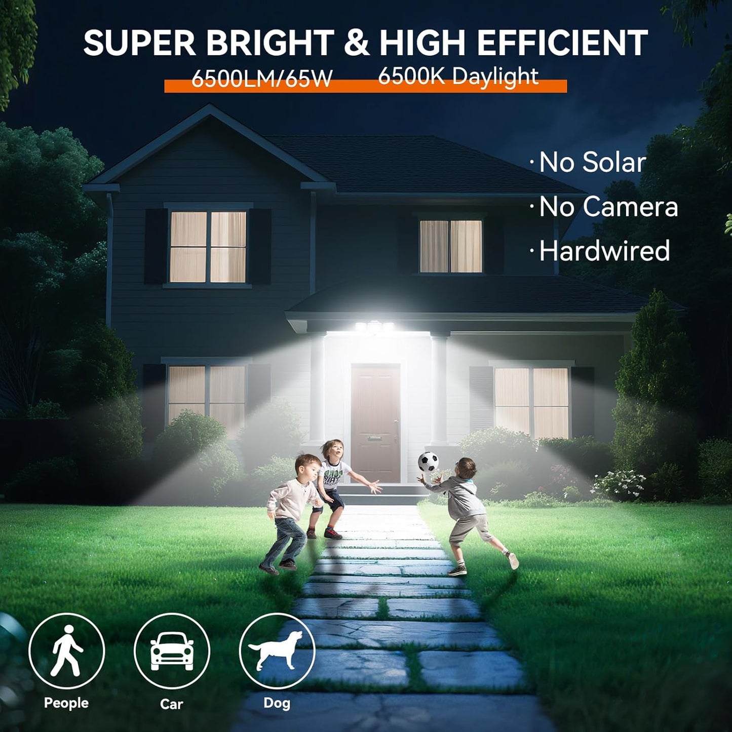 65W LED Flood Light Outdoor, 6500LM, Waterproof, 6500K Motion Sensor Flood Lights Outdoor with Adjustable 3 Head Detected Floodlight for Outside Entryway Garage, Yard, Porch, White