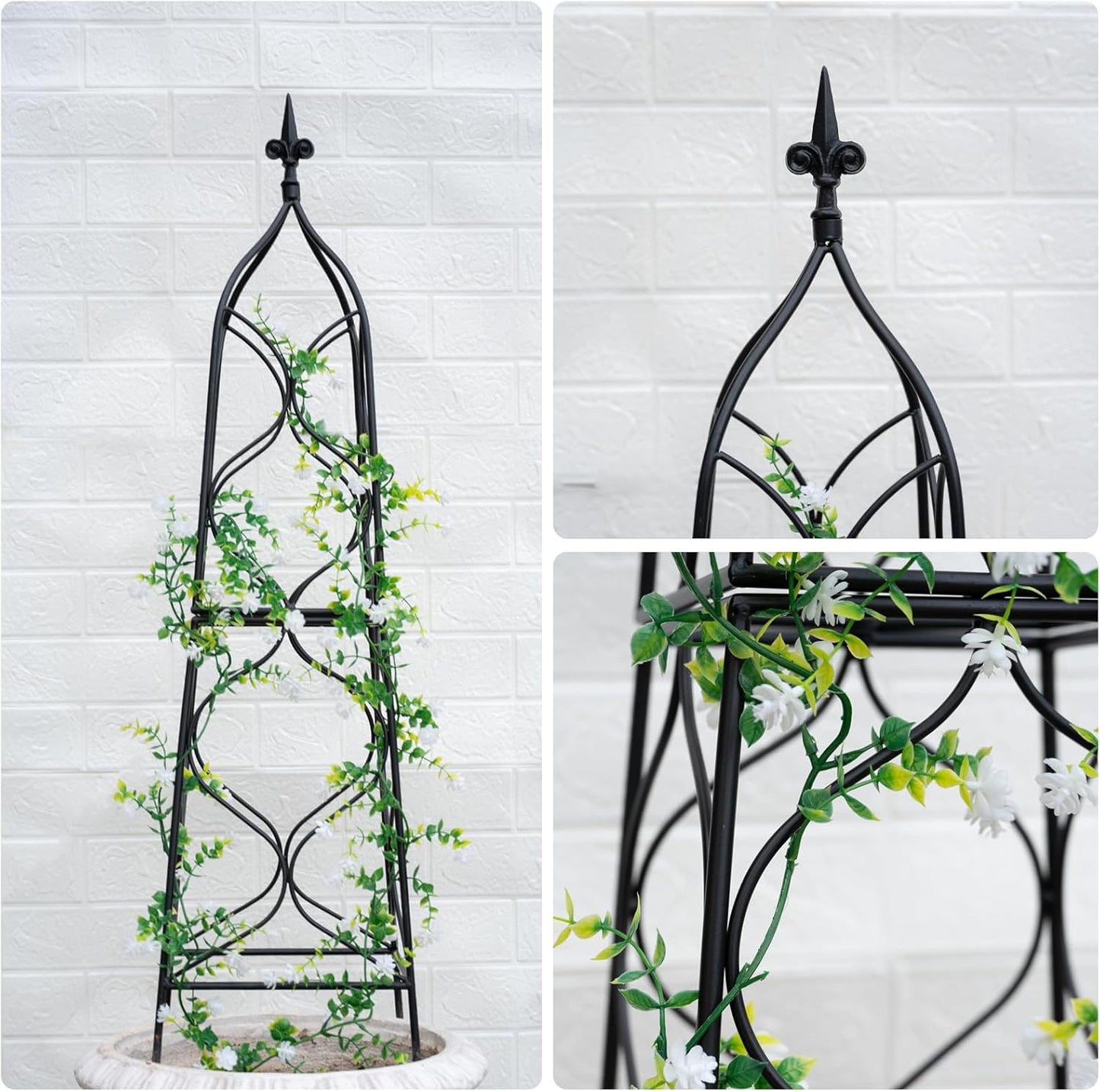 Obelisk Trellis for Garden - 38.3" x 10.03" Durable Metal Climbing Support for Roses, Vines & Flowers | Elegant Black Design with Decorative Top & Hollow Sides