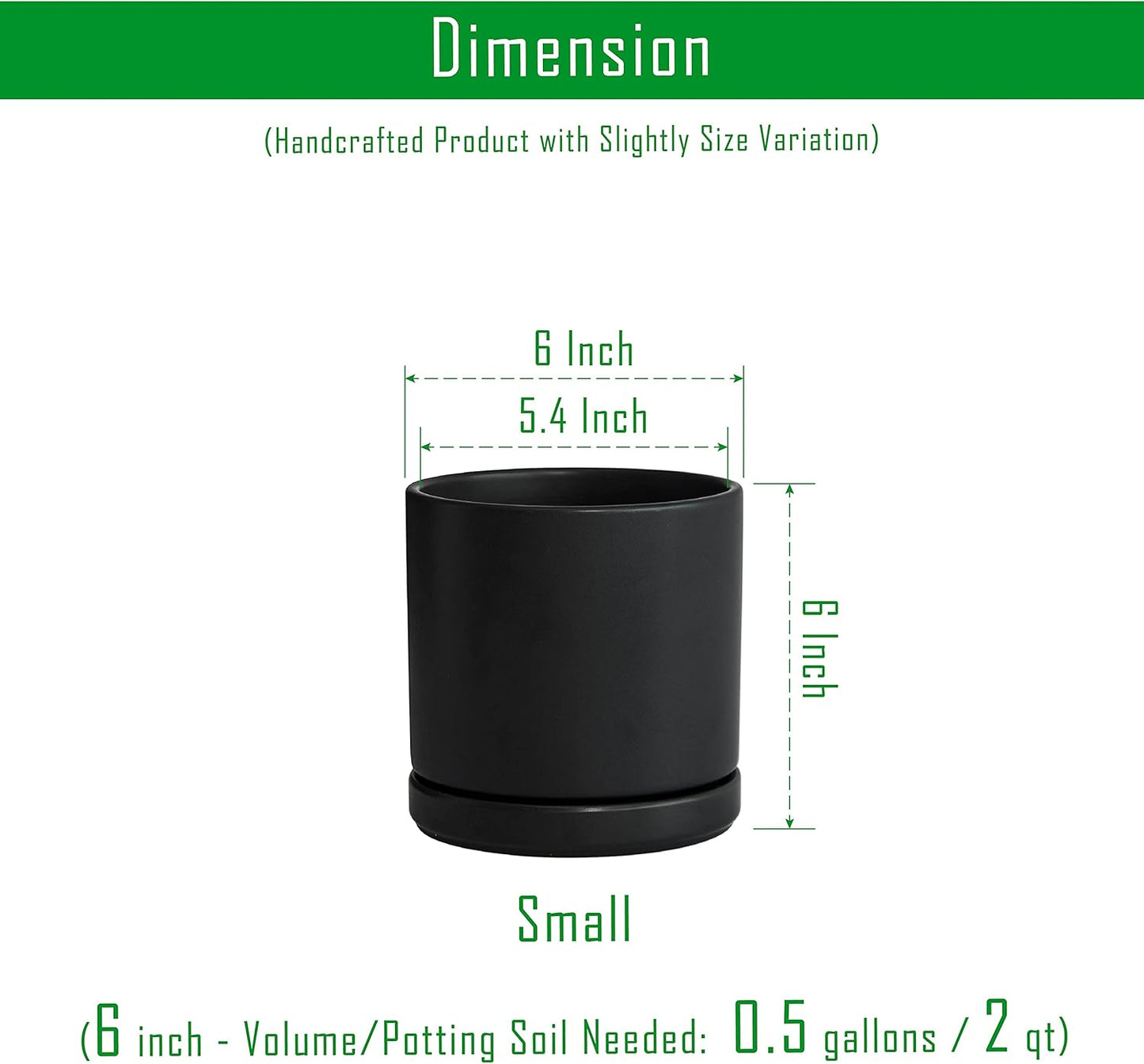 D'vine Dev 6 Inch Ceramic Planter Pot with Drainage Hole and Saucer, Indoor Cylinder Round Flower Pot, Black, 94-O-C-2