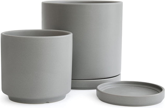 D'vine Dev 8 Inch & 10 Inch Ceramic Planter Pot for Plants with Drainage Hole and Saucer, Large Plant Pots Set, Grey, 94-G-L-3