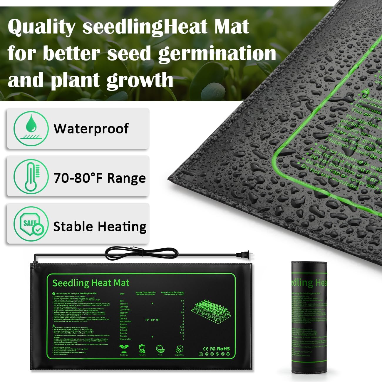 4-Pack 1020 Seed Starter Trays with 7.3'' Humidity Domes & 2-Pack Heat Mats – Heavy-Duty Seedling Trays with Adjustable Domes & Waterproof Heating Mats for Optimal Germination & Cloning Propagation