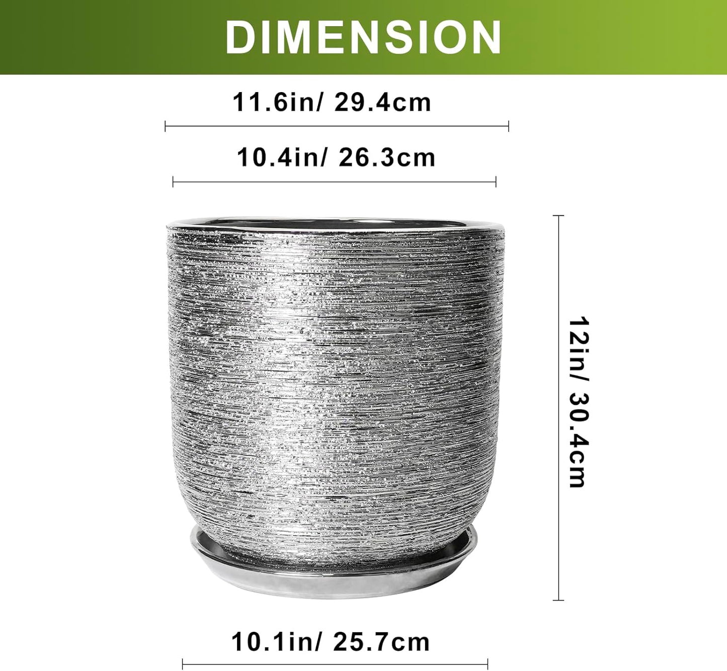 12 Inch Plant Pot - Ceramic Planter for Indoor Outdoor Plants, Modern Round Decorative Flower Pot with Drainage Hole and Saucer, Housewarming Gifts, Home Patio Decor, Silver