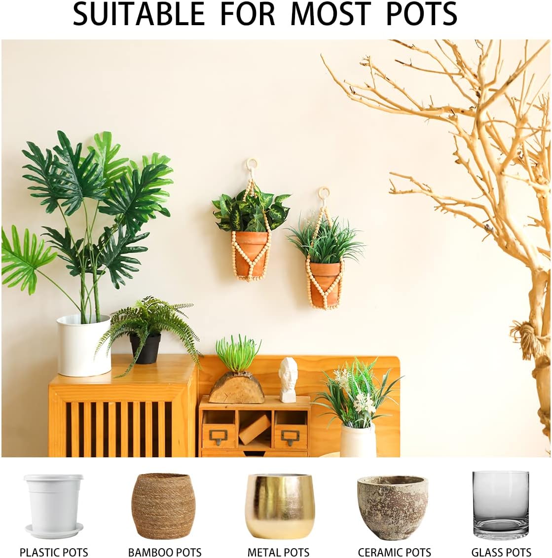 Artilady 2 Pack Beaded Plant Hanger Indoor - Macrame Hanging Planters for Plants Holder No Tassels with Wooden Beads Boho Farmhouse Rustic Home Decor